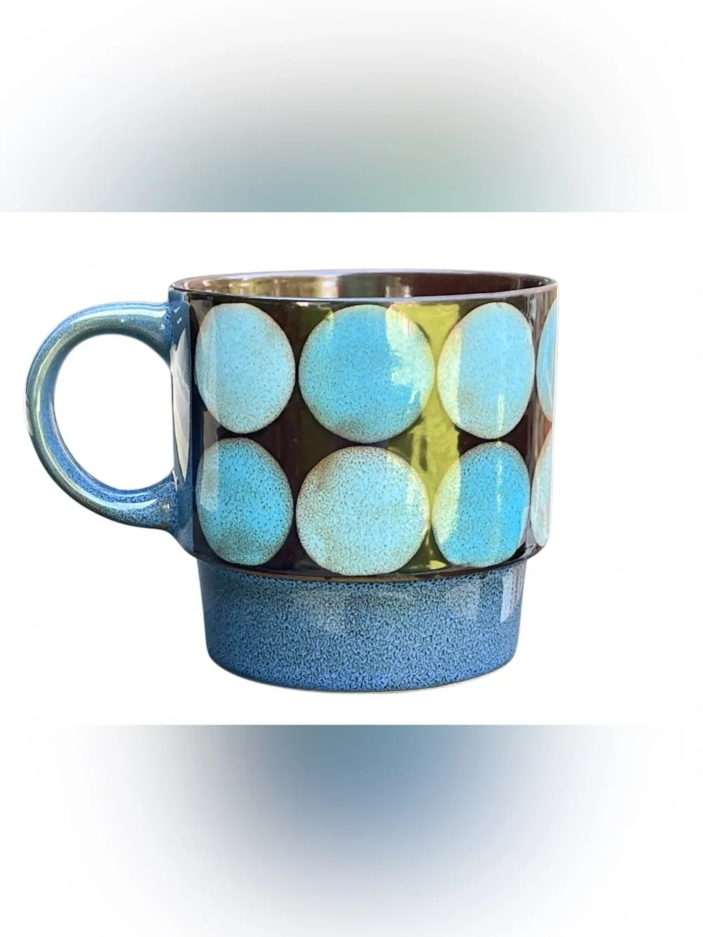 VTG Pier 1 Retro Dots MCM Stackable Stoneware Coffee Mugs Blue Brown EUC